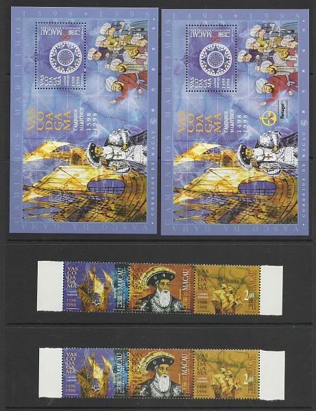 2330.jpg -     Lote:    2330      Lotes pelo Correio       Macau       Descrição:         1998 &mdash; Vasco da Gama. Caminhos Marítimos 1598-1998. CE939/941. Lote composto por 2 folhas miniaturas + 2 tiras de 3 selos cada com o erro de data 1498/1598.        ***       Valor Base:     &euro; 15,00     Valor Venda:     &euro; 15,00       