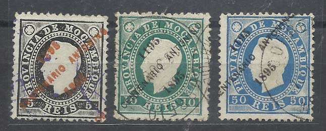 2333.jpg -     Lote:    2333      Lotes pelo Correio       Moçambique       Descrição:         1895 &mdash; D. Luís I, com sobrecarga do Centenário Antonino. Lote de 3 selos usados de 5, 10 e 50 reis CE41, 42 e 46. Valor de catálogo &euro; 48,00.        O       Valor Base:     &euro; 10,00     Valor Venda:     &euro; 10,00       