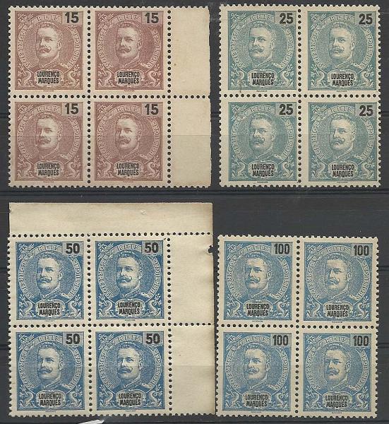 2337.jpg -     Lote:    2337      Lotes pelo Correio       Lourenço Marques       Descrição:         1898/1901 &mdash; D. Carlos I Mouchon. Lote de 4 quadras sem goma, 15 reis castanho, 25 reis verde azul, 50 reis azul e 100 reis azul. CE35, 37, 38 e 41. Valor de catálogo &euro; 32,00.        *       Valor Base:     &euro; 5,00     Valor Venda:     Retirado     
