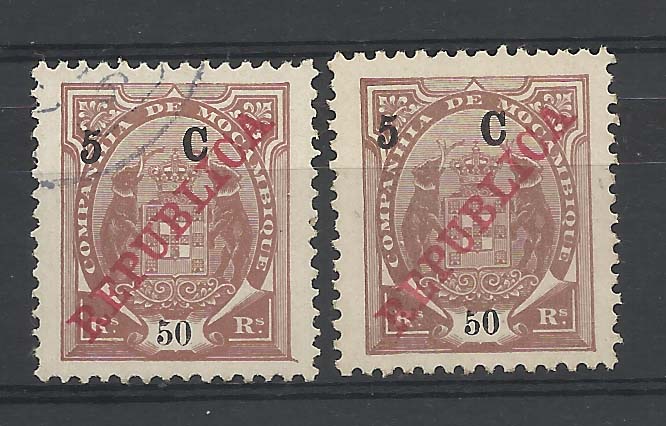 2339.jpg -     Lote:    2339      Lotes pelo Correio       Companhia de Moçambique       Descrição:         1916 &mdash; Tipo Elefante, com REPUBLICA e sobretaxa em centavos. CE98, 5c s/ 50 reis castanho. Dois selos, um novo e outro usado com "5" bandeira curta.        */O       Valor Base:     &euro; 4,00     Valor Venda:     &euro; 10,00       