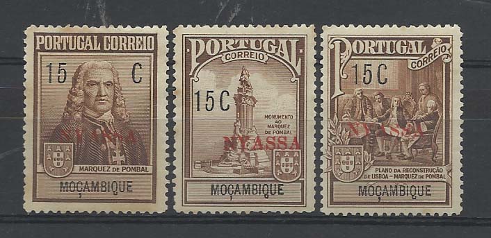 2343.jpg -     Lote:    2343      Lotes pelo Correio       Companhia do Niassa       Descrição:         1925 &mdash; Imposto Postal. Monumento ao Marquês de Pombal. CE IP 1/3. Série completa.         RG***       Valor Base:     &euro; 5,00     Valor Venda:     &euro; 5,00       