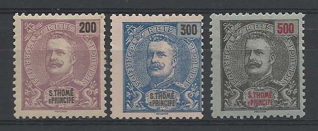 2349.jpg -     Lote:    2349      Lotes pelo Correio       São Tomé e Príncipe       Descrição:         1898 &mdash; D. Carlos I Mouchon. CE54/56, 200, 300 e 500 reis. Selos sem goma.        *       Valor Base:     &euro; 8,00     Valor Venda:     &euro; 14,00       