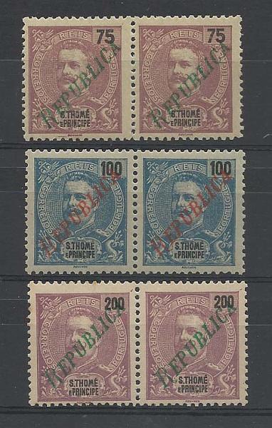 2352.jpg -     Lote:    2352      Lotes pelo Correio       São Tomé e Príncipe       Descrição:         1920 &mdash; D. Carlos I com sobrecarga REPUBLICA local. CE235, 236 e 239 Lote de 3 pares de 75, 100 e 200 reis. Valor de catálogo &euro; 14,00.         *       Valor Base:     &euro; 5,00     Valor Venda:     Retirado     