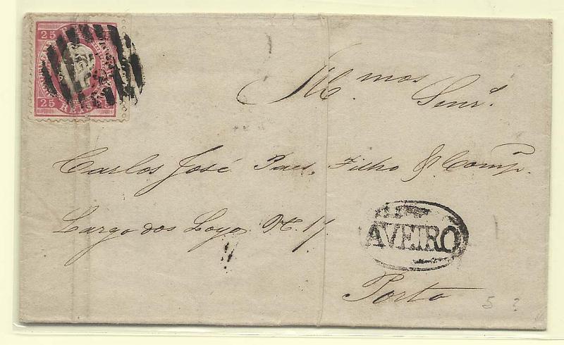 2358.jpg -     Lote:    2358      Lotes pelo Correio       Portugal        Descrição:         Carimbos nominativos tipo 1880. 1870/76 &mdash; D. Luís I, fita direita. CE40, 25 reis carmim em carta circulada de Aveiro (09.08.75) para o Porto. Carimbo batido a preto AVEIRO. e numérico da 2.ª reforma "87".        Carta       Valor Base:     &euro; 8,00     Valor Venda:     Retirado     