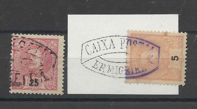 2371.jpg -     Lote:    2371      Lotes pelo Correio       Portugal        Descrição:         Carimbos nominativos. 1895/1898 &mdash; D. Carlos I Mouchon. CE127 e 141. Dois selos obliterados com carimbos batidos a preto e violeta "CAIXA POSTAL / ERMIGEIRA".        O       Valor Base:     &euro; 6,00     Valor Venda:     Retirado     