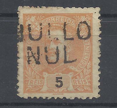 2375.jpg -     Lote:    2375      Lotes pelo Correio       Portugal        Descrição:         Carimbos ASMINISTRATIVOS. 1895 &mdash; D. Carlos I Diogo Mouchon. CE127, 5 reis, amarelo, obliterado com carimbo batido a preto "NULLO"        O       Valor Base:     &euro; 6,00     Valor Venda:     &euro; 8,00       