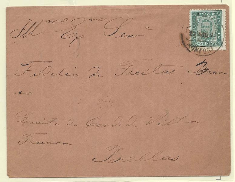 2378.jpg -     Lote:    2378      Lotes pelo Correio       Portugal        Descrição:         Carimbos circulares datados, tipo 1880. 1892/93 &mdash; D. Carlos I Diogo Neto. CE70, 25 reis verde, denteado 11 &frac12; em sobrescrito circulado de Monforte (22.09.93) para Belas. Carimbo batido a preto MONFORTE.        Carta       Valor Base:     &euro; 6,00     Valor Venda:     Retirado     