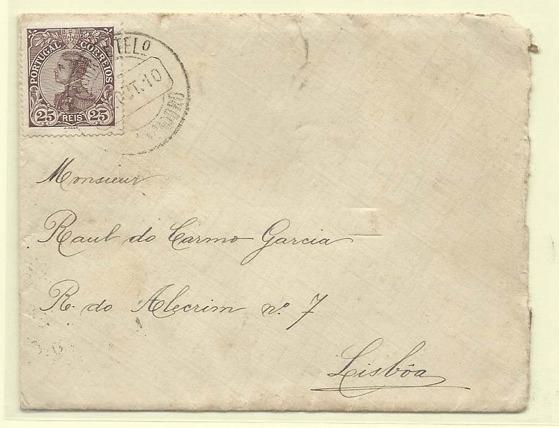 2381.jpg -     Lote:    2381      Lotes pelo Correio       Portugal        Descrição:         Carimbos circulares datados tipo 1880. 1910 &mdash; D. Manuel II. CE161, 25 reis castanho em sobrescrito circulado de Santo Isidoro (02.10.1910) para Lisboa (04.10.1910), com trânsito por Mafra (03.10.10), obliterados com carimbo a preto "SANTO IZIDORO".        Carta       Valor Base:     &euro; 5,00     Valor Venda:     &euro; 5,00       