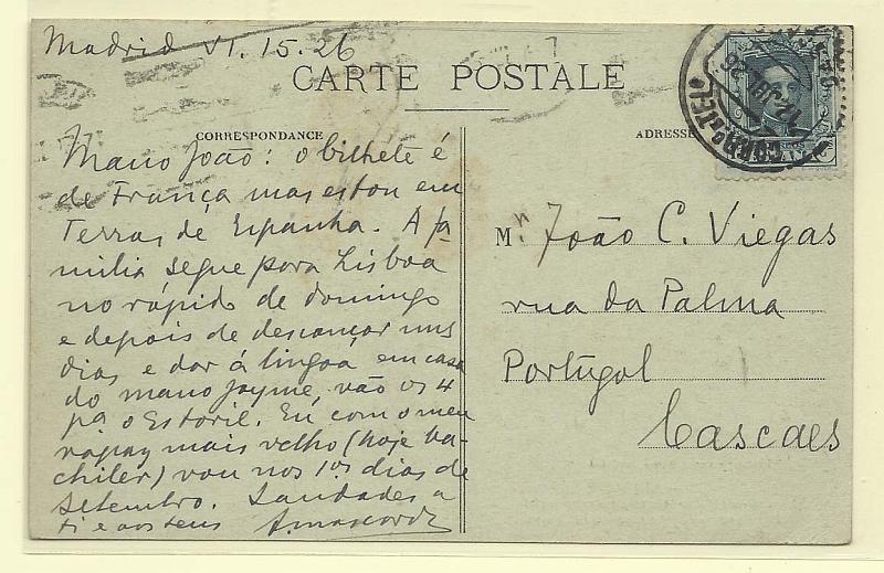2383.jpg -     Lote:    2383      Lotes pelo Correio       Portugal        Descrição:         Carimbos circulares datados tipo 1880. Postal ilustrado remetido de Espanha (15.07.26) para Cascais (17.07.26), com carimbo batido a preto CASCAES a obliterar o selo.        PI       Valor Base:     &euro; 10,00     Valor Venda:     Retirado     