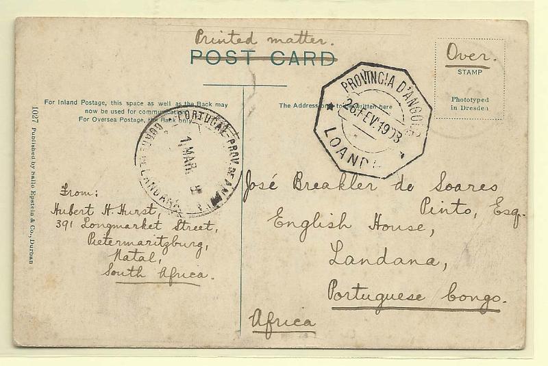 2392.jpg -     Lote:    2392      Lotes pelo Correio       Angola       Descrição:         Carimbos hexagonais + duplo círculo. Postal ilustrado circulado do Natal para Landana (01.03.1903) com trânsito por Luanda (26.02.03) Carimbos de LUANDA e LANDANA.        PI       Valor Base:     &euro; 8,00     Valor Venda:     Retirado     