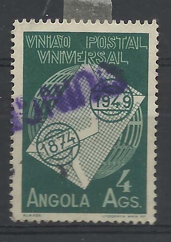 2395.jpg -     Lote:    2395      Lotes pelo Correio       Angola       Descrição:         Carimbos nominativos. 75.º Aniversário da UPU. Selo de 4 Ags obliterado com nominativo batido a violeta "QUINGENGE".        O       Valor Base:     &euro; 6,00     Valor Venda:     &euro; 6,00       