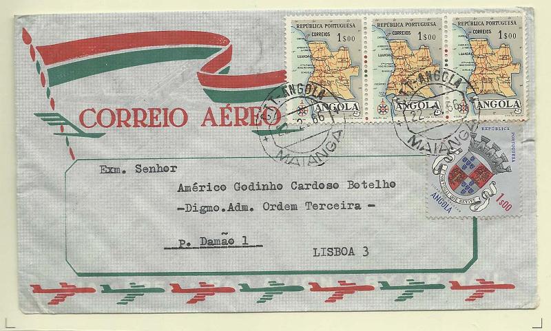 2396.jpg -     Lote:    2396      Lotes pelo Correio       Angola       Descrição:         Carimbos circulares datados. Sobrescrito circulado de Maianga (22.02.66) para Lisboa com selos 3x382 + CE440. Carimbo batido a preto "MAIANGA".        Carta       Valor Base:     &euro; 6,00     Valor Venda:     Retirado     