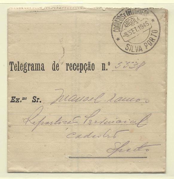 2399.jpg -     Lote:    2399      Lotes pelo Correio       Angola       Descrição:         Carimbos circulares datados. Telegrama remetido para Silva Porto (08.09.46). Carimbo batido a preto tipo 1939 "SILVA PORTO".         TLG       Valor Base:     &euro; 5,00     Valor Venda:     Retirado     