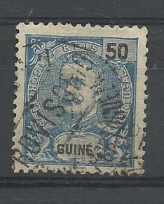 2401.jpg -     Lote:    2401      Lotes pelo Correio       Guiné       Descrição:         Carimbos provisórios. 1898 &mdash; D. Carlos I Mouchon. CE53, 50 reis azul obliterado com carimbo circular BISSAU / PROVISÓRIO.         O       Valor Base:     &euro; 5,00     Valor Venda:     Retirado     