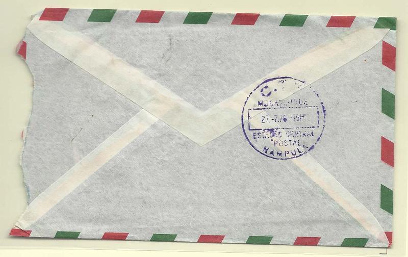 2407.jpg -     Lote:    2407      Lotes pelo Correio       Moçambique       Descrição:         Carimbos circulares datados. Sobrescrito circulado de Lisboa (19.07.76) para Nampula com franquia mecânica de 4$50 (vermelha). Carimbo batido a violeta "ESTAÇÃO CENTRAL / POSTAL / NAMPULA".        Carta       Valor Base:     &euro; 6,00     Valor Venda:     Retirado     