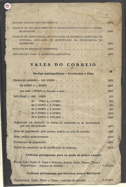 2425.jpg -     Lote:    2425      Lotes pelo Correio              Descrição:         Tabela de portes e imposto de selo para Vales de Correio + tabela de portes para telegramas. Alguns defeitos no papel.        DOC       Valor Base:     &euro; 5,00     Valor Venda:     &euro; 5,00       