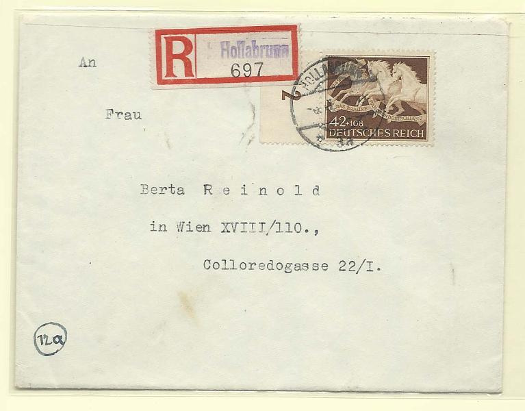 2444.jpg -     Lote:    2444      Lotes pelo Correio              Descrição:      Alemanha (Reich).   1942 &mdash; RaceHorses. Sobrescrito circulado registado com selo de 42+108pf. SC B205        Carta       Valor Base:     &euro; 25,00     Valor Venda:     Retirado     