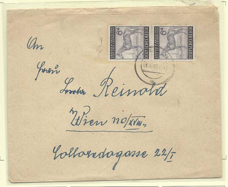 2447.jpg -     Lote:    2447      Lotes pelo Correio              Descrição:      Alemanha (Reich).   1943 &mdash; RaceHorse. Sobrescrito circulado com dois selos de 6+4pf. SC B244.        Carta       Valor Base:     &euro; 25,00     Valor Venda:     Retirado     