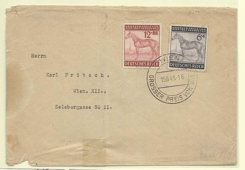 2448.jpg -     Lote:    2448      Lotes pelo Correio              Descrição:      Alemanha (Reich).   1943 &mdash; RaceHorse. Sobrescrito circulado com selos de 12+88pf e 6+4pf. SC B244/45.        Carta       Valor Base:     &euro; 25,00     Valor Venda:     Retirado     