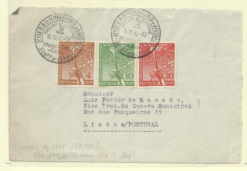 2452.jpg -     Lote:    2452      Lotes pelo Correio              Descrição:      Alemanha * Berlim.   Frente de carta circulada para Lisboa, com série comemorativa dos Jogos Olímpicos de Helsínquia, Yv74/76.        Carta       Valor Base:     &euro; 20,00     Valor Venda:     Retirado     