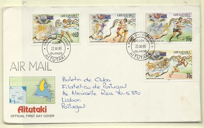 2454.jpg -     Lote:    2454      Lotes pelo Correio              Descrição:      Aitutaki.   1988 &mdash; Jogos Olímpicos de Seul. FDC circulado com a série,        Carta       Valor Base:     &euro; 5,00     Valor Venda:     Retirado     