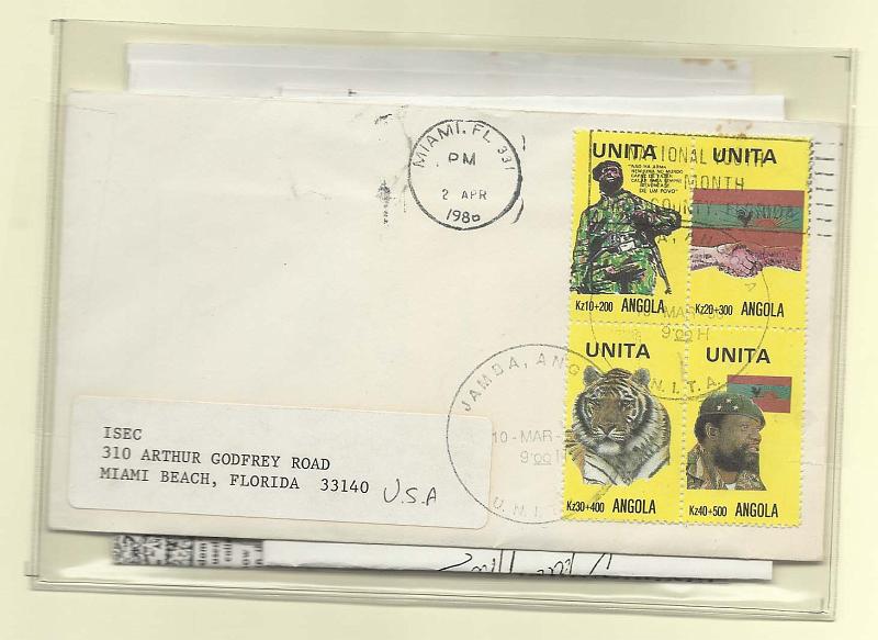 2455.jpg -     Lote:    2455      Lotes pelo Correio              Descrição:      Angola * Palops. Territórios ocupados pela Unita.   Sobrescrito circulado da Jamba (10.03.86) para Miami (02.04.1986) com  série completa emitida pelo Movimento Armado.        Carta       Valor Base:     &euro; 15,00     Valor Venda:     &euro; 15,00       