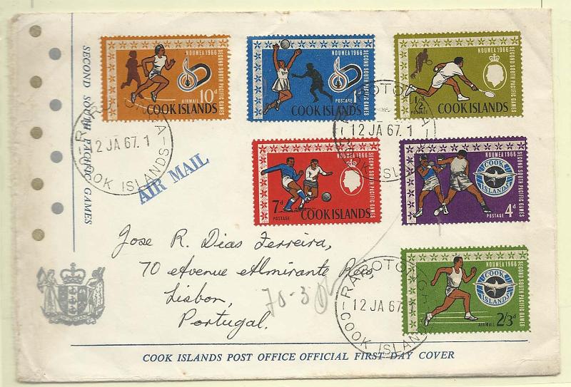 2466.jpg -     Lote:    2466      Lotes pelo Correio              Descrição:      Cook Islands.   1967 &mdash; Jogos do Pacífico Sul. FDC circulado com a série.        FDC       Valor Base:     &euro; 5,00     Valor Venda:     &euro; 5,00       