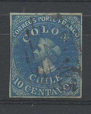 2473.jpg -     Lote:    2473      Lotes pelo Correio              Descrição:      Chile.   1862 &mdash; Colombo. SC11, 10c azul.        O       Valor Base:     &euro; 10,00     Valor Venda:     Retirado     