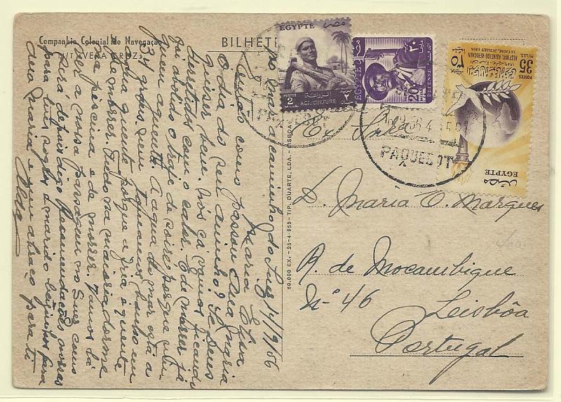 2477.jpg -     Lote:    2477      Lotes pelo Correio              Descrição:      Egipto   &mdash; Postal ilustrado circulado com 3 selos obliterados com carimbo de denominação de origem "PAQUEBOT".        PI       Valor Base:     &euro; 10,00     Valor Venda:     Retirado     