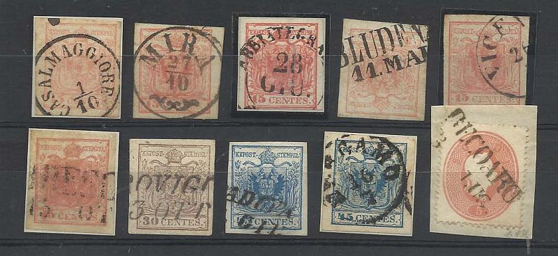 2508.jpg -     Lote:    2508      Lotes pelo Correio              Descrição:      Lombardo &mdash; Veneza.   Lote com 10 selos, Yv3 (6 selos), 4, 5 (2 selos) e 16, a maior parte com bons carimbos completos (Casalmagiore, Mira, Blundenz, Vicenza, Decoaro, etc.).        Lote       Valor Base:     &euro; 10,00     Valor Venda:     Retirado     