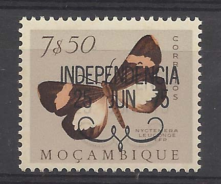 2510.jpg -     Lote:    2510      Lotes pelo Correio              Descrição:      Moçambique * Palops.   1975 &mdash; Borboletas com sobrecarga Independência. AR15, 7$50. Selo com a sobrecarga preta. Valor de catálogo &euro; 30,00.        ***       Valor Base:     &euro; 12,00     Valor Venda:     Retirado     