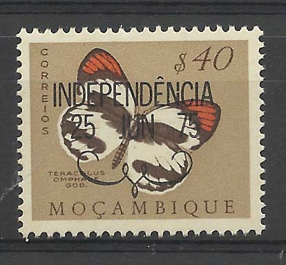 2511.jpg -     Lote:    2511      Lotes pelo Correio              Descrição:      Moçambique * Palops.   1975 &mdash; Borboletas com sobrecarga Independência. AR2, $40. Selo com a sobrecarga preta. Valor de catálogo &euro; 30,00.        ***       Valor Base:     &euro; 12,00     Valor Venda:     Retirado     