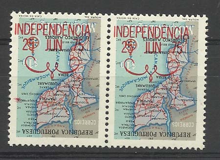 2514.jpg -     Lote:    2514      Lotes pelo Correio              Descrição:      Moçambique * Palops.   1975 &mdash; Mapa de Moçambique com sobrecarga Independência. AR1, $10. Par horizontal com a sobrecarga invertida. Valor de catálogo &euro; 40,00.        ***       Valor Base:     &euro; 12,00     Valor Venda:     Retirado     