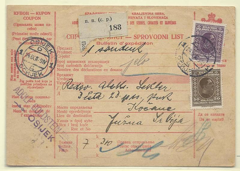 2532.jpg -     Lote:    2532      Lotes pelo Correio              Descrição:      Eslovénia, Croácia e Sérvia   &mdash; Boletim de expedição de encomenda circulada ém 24.10.29.        EP       Valor Base:     &euro; 12,00     Valor Venda:     Retirado     