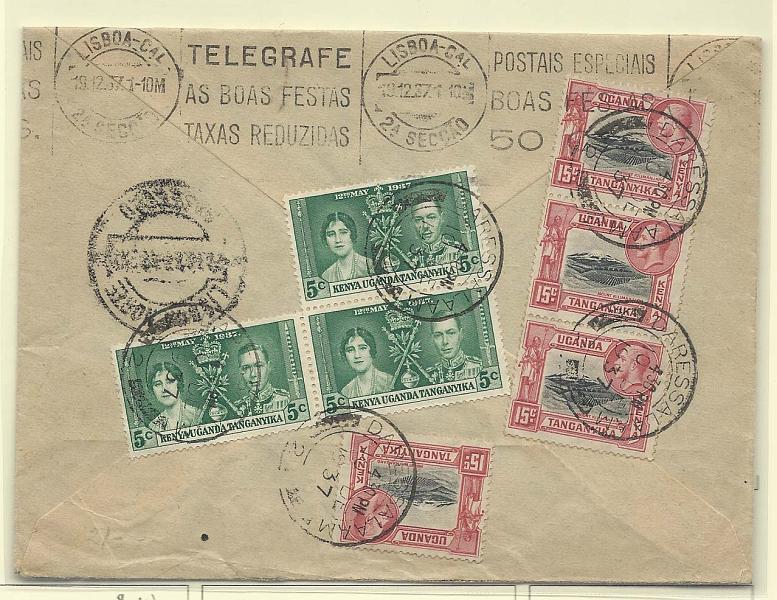 2557.jpg -     Lote:    2557      Lotes pelo Correio              Descrição:      Uganda / Tanganica   &mdash; Sobrescrito circulado de Daressalem (10.12.37) para Lisboa (19.12.37).        Carta       Valor Base:     &euro; 8,00     Valor Venda:     &euro; 18,00       