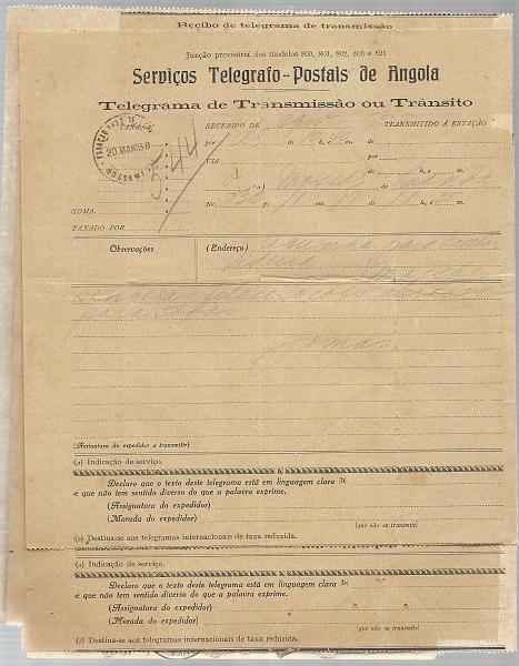 2613.jpg -     Lote:    2613      Lotes pelo Correio              Descrição:         Angola &mdash; Lote com dezenas de telegramas de Angola dos anos 30 a 40. Alguma marcofilia. Lote a ver.        Lote       Valor Base:     &euro; 8,00     Valor Venda:     Retirado     