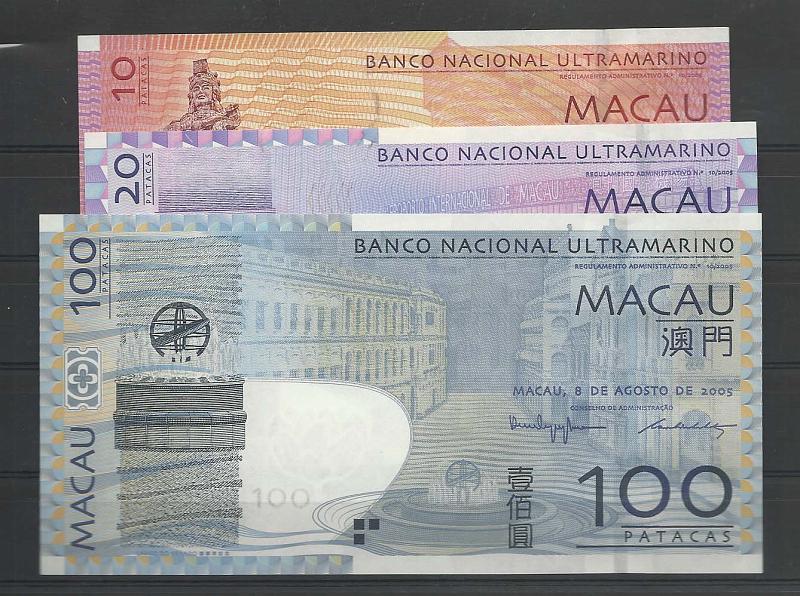 2647.jpg -     Lote:    2647      Lotes pelo Correio              Descrição:         2005 &mdash; Macau. Banco Nacional Ultramarino. Lote de 3 notas de 10, 20 e 100 patacas. Novas.        NOT       Valor Base:     &euro; 35,00     Valor Venda:     Retirado     