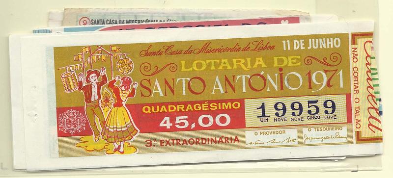 2683.jpg -     Lote:    2683      Lotes pelo Correio              Descrição:         Lotarias. Lote composto por 10 fracções com lotarias de Santos Populares e outros anos de 1970 a 1976. Lote a ver.        Lote       Valor Base:     &euro; 9,00     Valor Venda:     Retirado     