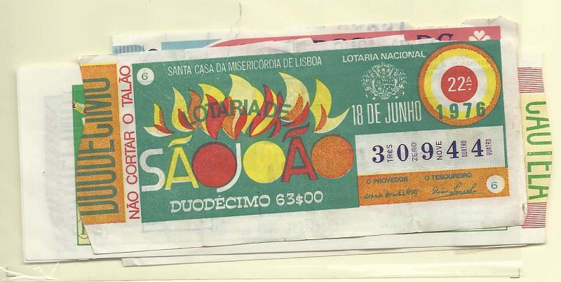 2684.jpg -     Lote:    2684      Lotes pelo Correio              Descrição:         Lotarias. Lote composto por 7 fracções com lotarias de Santos Populares e outros anos de 1970 a 1976. Lote a ver.        Lote       Valor Base:     &euro; 8,00     Valor Venda:     Retirado     