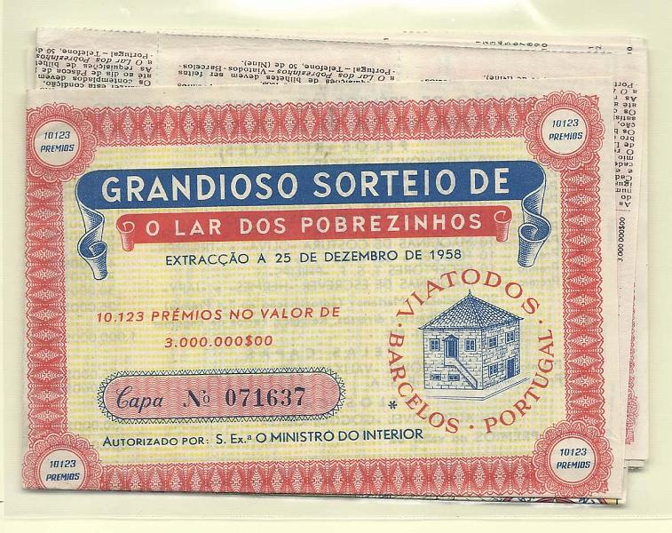 2686.jpg -     Lote:    2686      Lotes pelo Correio              Descrição:         Rifas. Grandioso Sorteio "O Lar dos Pobrezinhos" em Barcelos, 1955.        Lote       Valor Base:     &euro; 5,00     Valor Venda:     Retirado     