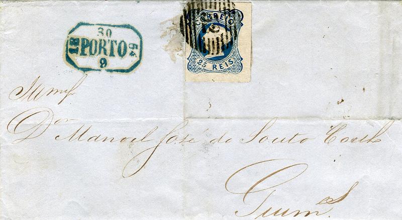 0104.jpg -     Lote:    104            Portugal       Descrição:         1853 &mdash; D. Maria II. CE2, 25 reis azul, cunho II, com boas margens em carta circulada do Porto (30.09.54) para Guimarães. MB.        Carta       Valor Base:     &euro; 100,00     Valor Venda:     Retirado     