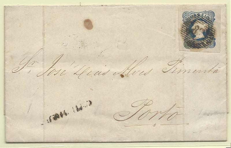 0105.jpg -     Lote:    105            Portugal       Descrição:         1853 &mdash; D. Maria II. CE2, 25 reis azul, cunho I, com boas margens, em carta circulada da Figueira para o Porto (07.01.55). Carimbo nominativo "FIGUEIRA" (GM FIG7).        Carta       Valor Base:     &euro; 25,00     Valor Venda:     &euro; 90,00       