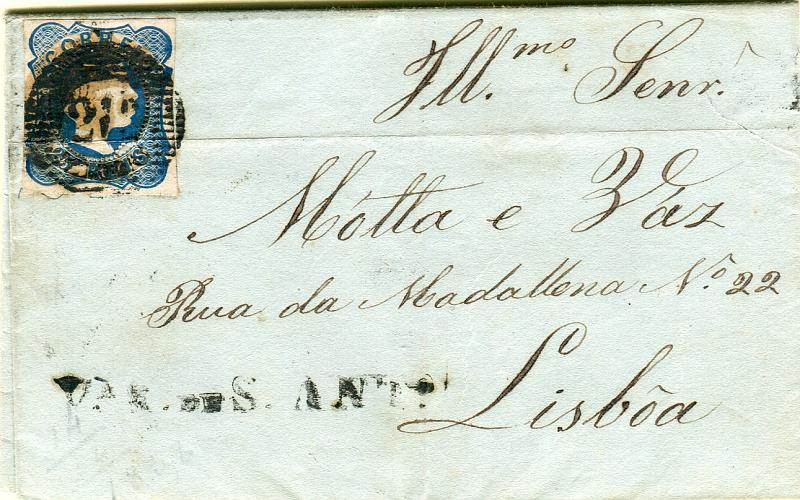 0106.jpg -     Lote:    106            Portugal       Descrição:         1855/56 &mdash; D. Pedro V, cabelos lisos. CE6, 25 reis tipo I, com margens curtas, em carta circulada de Vila Real de S. António para Lisboa (22.02.55). Carimbo numérico "219" ripo 20 barras + nominativo "V.ª R. DE S. ANT.º" batidos a preto        Carta       Valor Base:     &euro; 35,00     Valor Venda:     &euro; 35,00       
