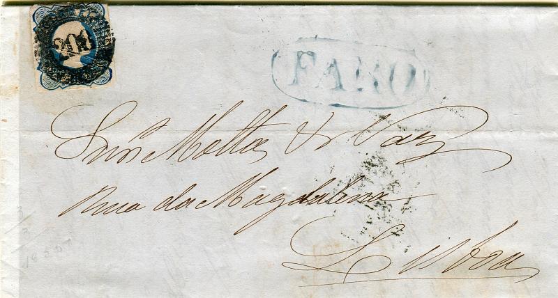 0107.jpg -     Lote:    107            Portugal       Descrição:         1855/56 &mdash; D. Pedro V, cabelos lisos. CE6, 25 reis tipo I, com margens curtas, em carta circulada de Faro para Lisboa (06.05.55). Carimbo numérico "208" ripo 20 barras batido a preto + nominativo FARO batido a azul.        Carta       Valor Base:     &euro; 35,00     Valor Venda:     &euro; 35,00       