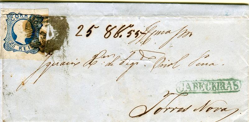 0108.jpg -     Lote:    108            Portugal       Descrição:         1855/56 &mdash; D. Pedro V, cabelos lisos. CE7, 25 reis azul (pérolas juntas) com boas margens, em carta circulada de Cabeceiras (25.10.55) para Torres Novas com trânsito pelo Porto (27.10.55) e Lisboa (29.10.55). Carimbo da 1.ª reforma "57" tipo 20 barras a preto + nominativo CABECEIRAS a verde. Carta desinfectada.        Carta       Valor Base:     &euro; 125,00     Valor Venda:     Retirado     
