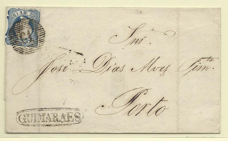 0109.jpg -     Lote:    109            Portugal       Descrição:         1855/56 &mdash; D. Pedro V. Cabelos lisos. CE7, 25 reis azul, cunho II em carta circulada de Guimarães (20.01.56) para o Porto (21.01.56). Selo obliterado com carimbo numérico de 20 barras "61" e carta com nominativo "GUIMARAES", todos batidos a preto.        Carta       Valor Base:     &euro; 20,00     Valor Venda:     &euro; 20,00       