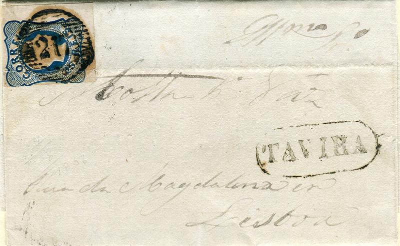 0111.jpg -     Lote:    111            Portugal       Descrição:         1856/58 &mdash; D. Pedro V, cabelos anelados. CE11, 25 reis azul (linhas simples) em carta circulada de Tavira para Lisboa (11.08.56). Carimbo numérico "217" tipo 20 barras e nominativo de TAVIRA batidos a preto.        Carta       Valor Base:     &euro; 100,00     Valor Venda:     &euro; 100,00       