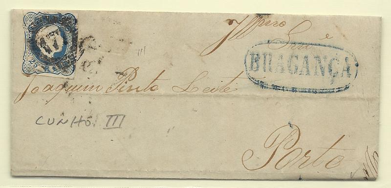 0112.jpg -     Lote:    112            Portugal       Descrição:         1856/58 &mdash; D. Pedro V. Cabelos anelados. CE12, 25 reis azul, linhas duplas, cunho III. Carta circulada de Bragança (26.03.58) para o Porto. Selo com margens curtos, mas cunho raro. Carimbo nominativo batido a azul "BRAGANÇA".        Carta       Valor Base:     &euro; 60,00     Valor Venda:     Retirado     