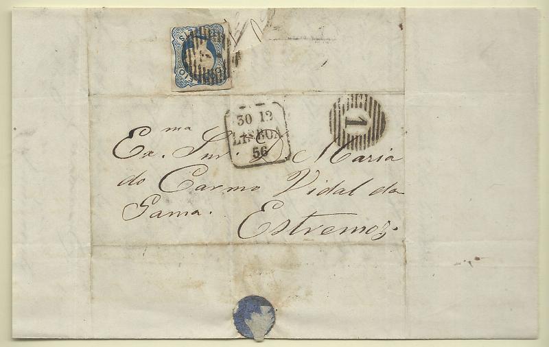 0114.jpg -     Lote:    114            Portugal       Descrição:         1856/58 &mdash; D. Pedro V. Cabelos anelados. CE12, 25 reis azul (linhas duplas) em carta circulada de lisboa (30.12.56) para Estremoz.        Carta       Valor Base:     &euro; 12,00     Valor Venda:     Retirado     