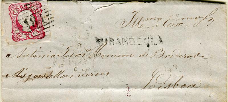 0116.jpg -     Lote:    116            Portugal       Descrição:         1856/58 &mdash; D. Pedro V, cabelos anelados. CE13, 25 reis carmim rosa, com margens largas, em carta circulada de Mirandela para Lisboa (11.04.61) com trânsito pelo Porto (10.04.61). Carimbo numérico "184" e linear nominativo MIRANDELLA batidos a preto.        Carta       Valor Base:     &euro; 10,00     Valor Venda:     Retirado     